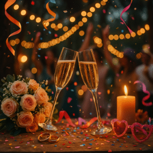 Ambiance festive et romantique avec deux coupes de champagne et guirlandes lumineuses
