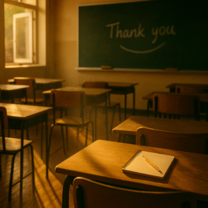 Salle de classe avec tableau noir et message thank you - idée cadeau pour professeur