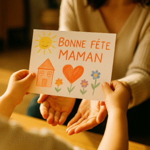 Cadeau fête des mères – enfant offrant un dessin coloré "Bonne fête maman"