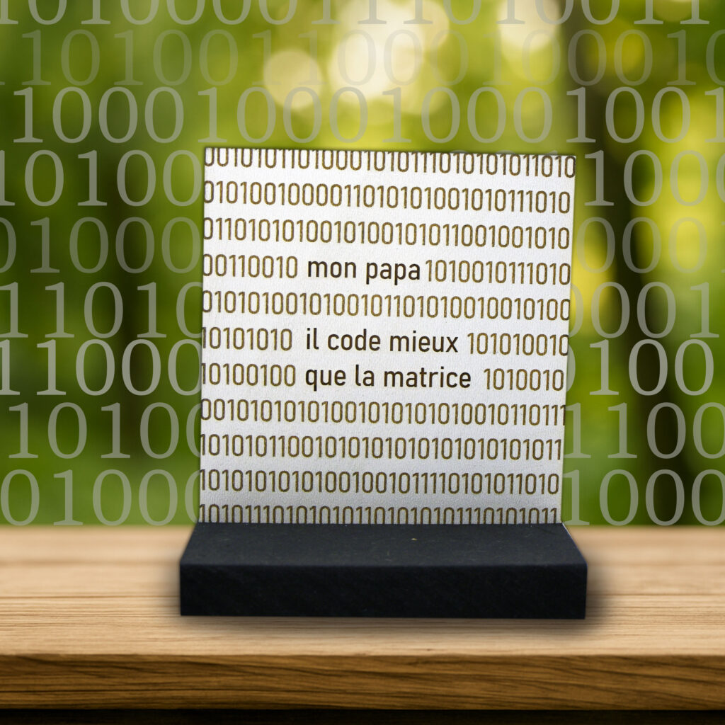 Cadeau fête des pères original pour papa programmeur, plaque humour code binaire gravée en bois avec socle