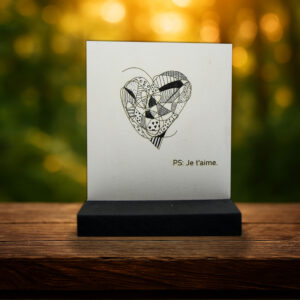 Plaque Saint-Valentin PS Je t’aime, cœur coloré peint à la main sur bois gravé, socle noir, cadeau romantique artisanal pièce unique