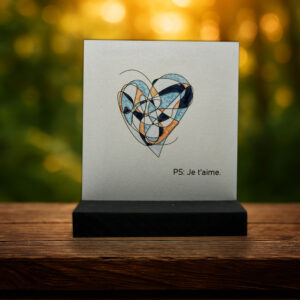 Plaque Saint-Valentin PS Je t’aime, cœur coloré peint à la main sur bois gravé, socle noir, cadeau romantique artisanal