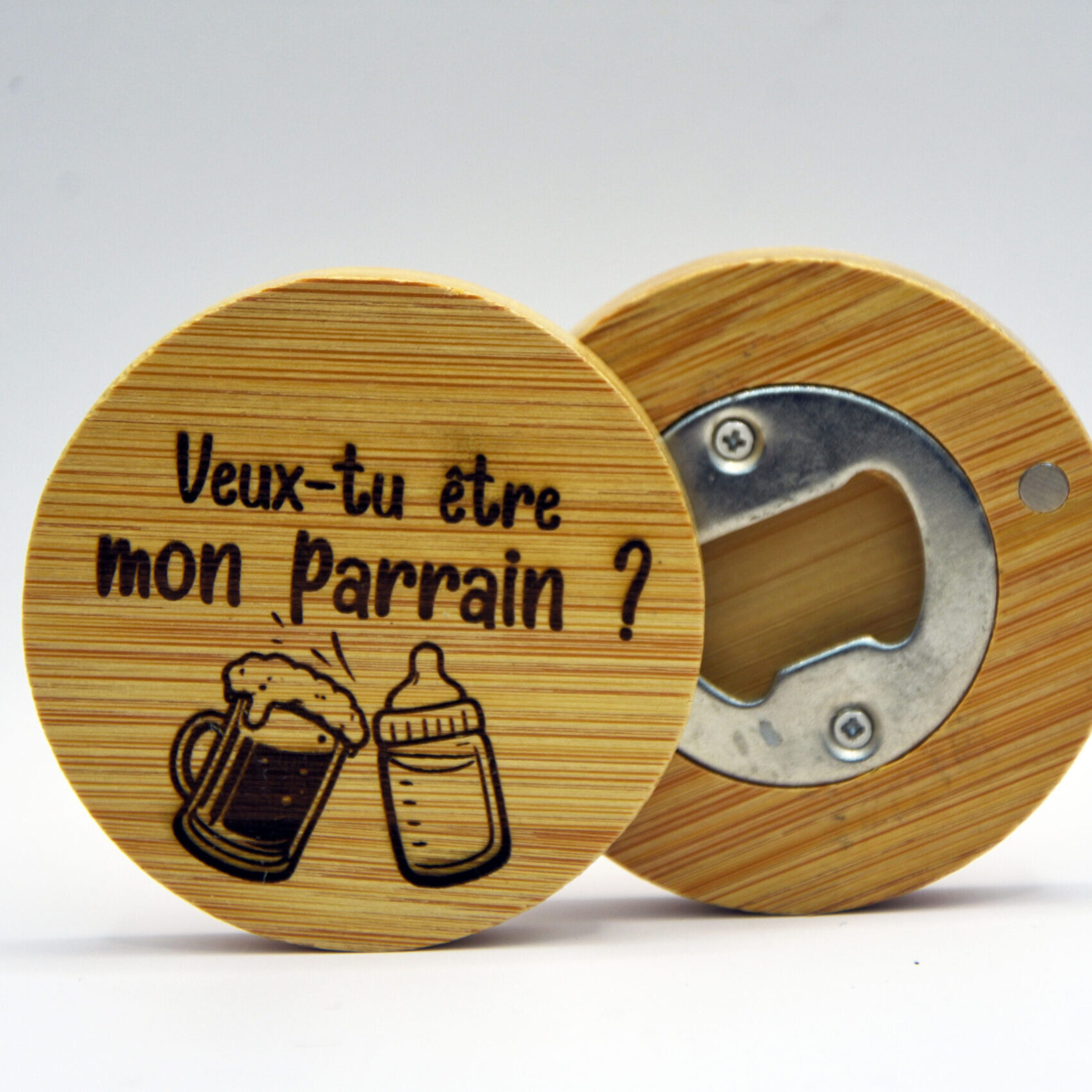 Décapsuleur demande pour être parrain en bois cadeau original