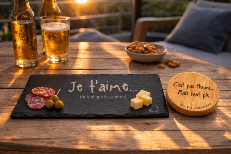 Planche apéro en ardoise K.li Créations gravée “Je t’aime… autant que les apéros” avec bouchon humoristique sur une table au coucher du soleil.