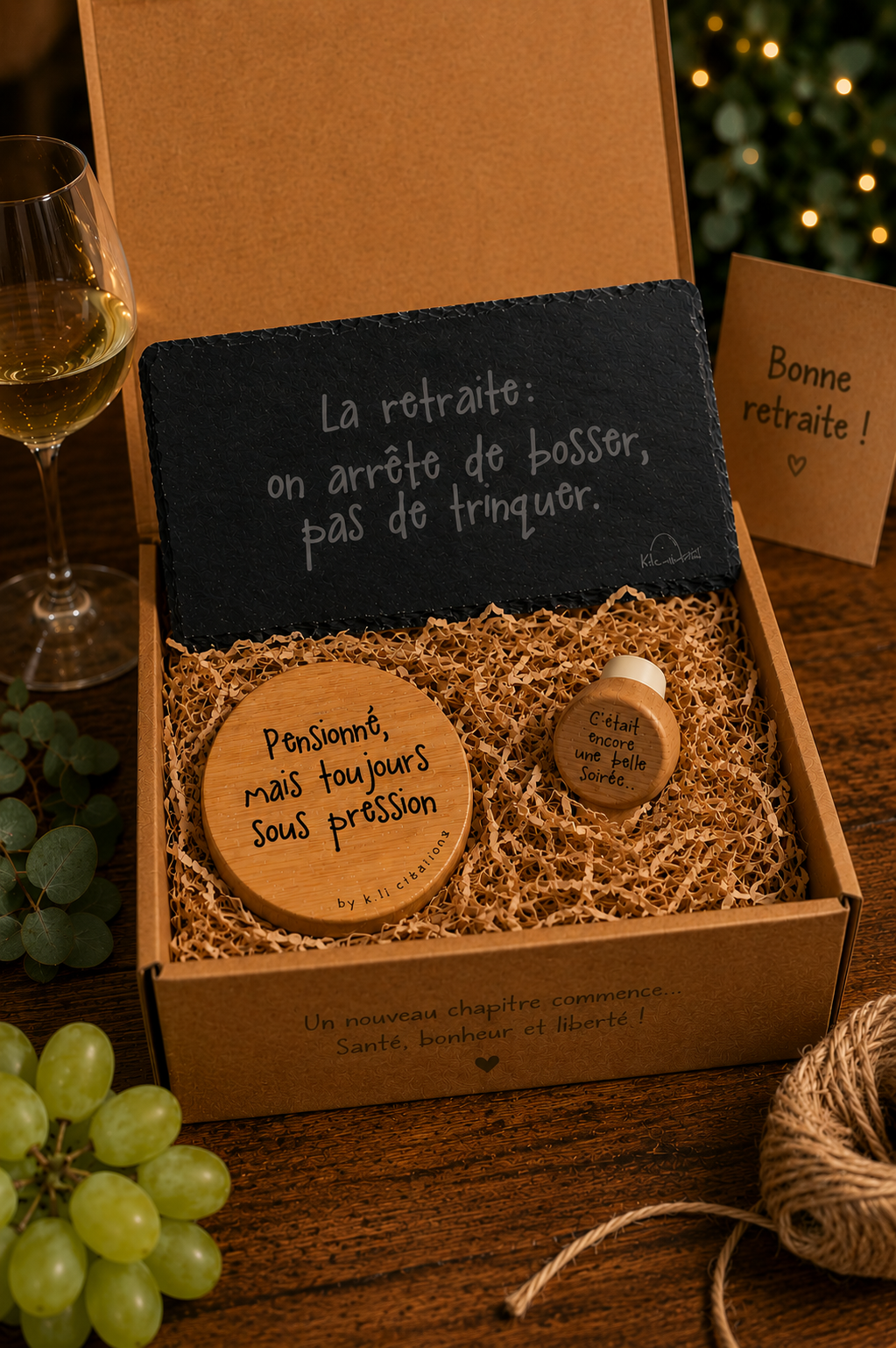 Coffret cadeau retraite artisanal K.li Créations avec planche apéro gravée, bouchon humoristique et carte “Bonne retraite” dans une boîte cadeau.
