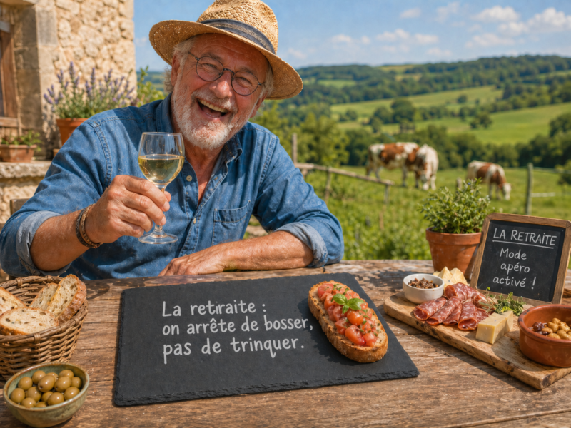 Pack apéro retraite avec planche apéro gravée “La retraite : on arrête de bosser, pas de trinquer”, décapsuleur et bouchon, cadeau artisanal K.li Créations.