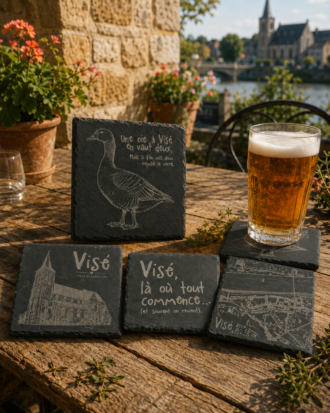 Sous-verres en ardoise Visé K.li Créations avec oie, collégiale, carte gravée et bière en terrasse au bord de la Meuse.