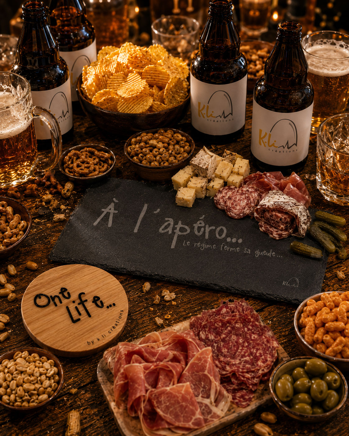 Pack apéro artisanal K.li Créations avec planche gravée “À l’apéro”, bières, chips, charcuterie, olives et bouchon One Life sur une table conviviale.